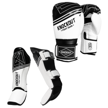 Boxing gloves and Muay Thai shin guards Complete Set, ideal for kickboxing, home gym training, and sparring, Best suited for MMA, featuring multi-layer padding and cushioning for enhanced protection