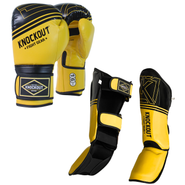 Boxing gloves and Muay Thai shin guards Complete Set, ideal for kickboxing, home gym training, and sparring, Best suited for MMA, featuring multi-layer padding and cushioning for enhanced protection