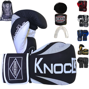 Knockout Elite Boxing Gloves with Hand Wraps and Mouth Guard for Men, Women Muay Thai, Kickboxing, Youth Heavy Bag Workouts, and Home Gym Training